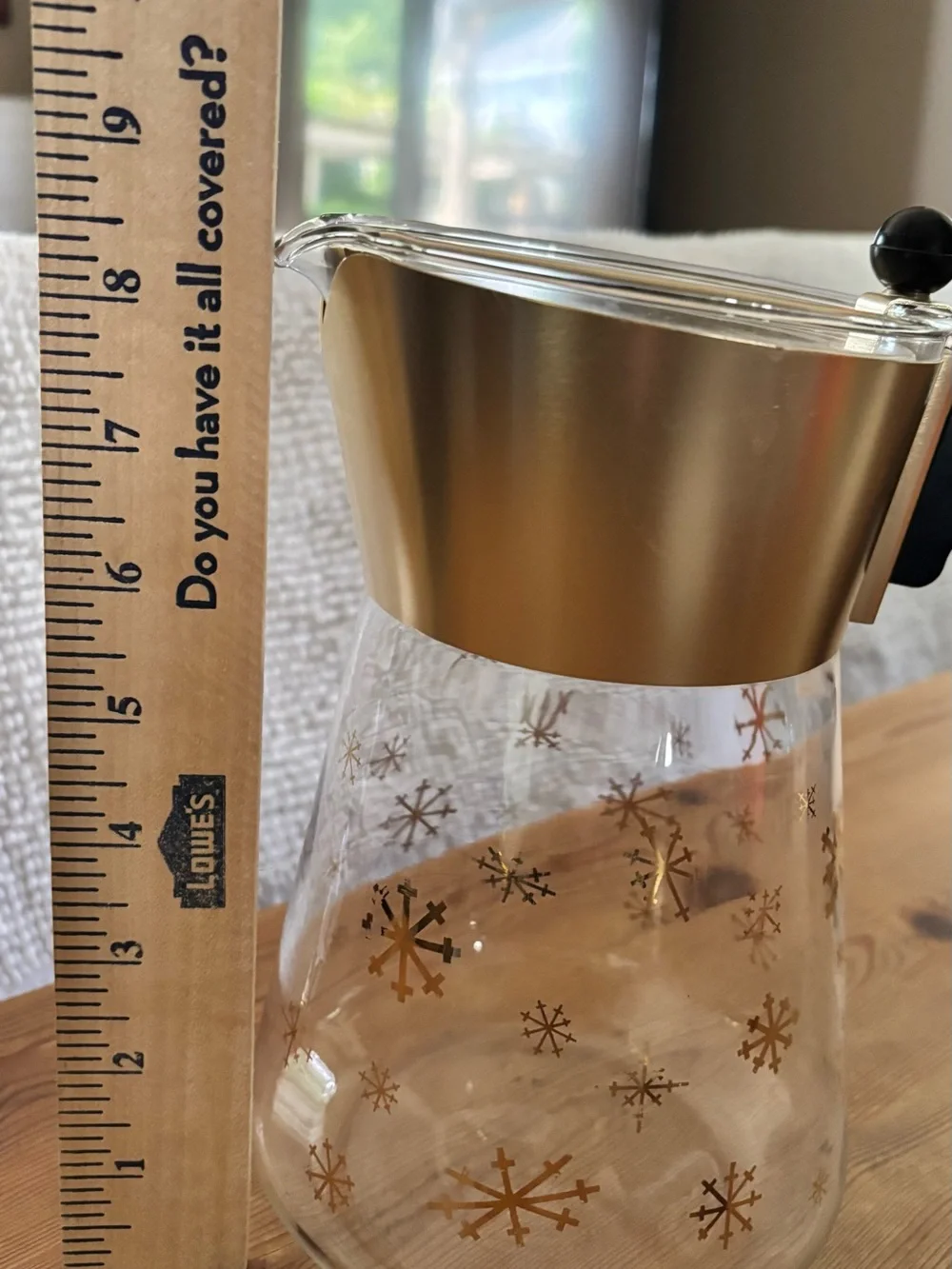 Vintage MCM Glass Pitcher Carafe Gold Atomic Snowflake Metal Lid Black Handle
